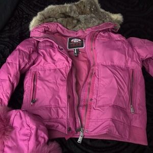 Pajar Kids Pink Puffer Jacket with Faux Fur